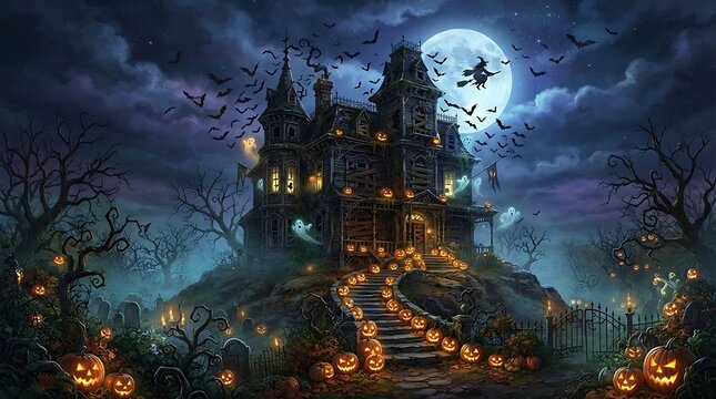 Haunted victorian mansion on hilltop with glowing jack o lanterns and flying bats under full moon.