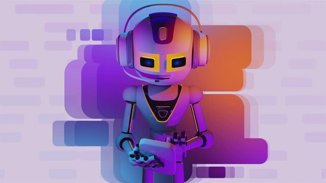 3d animation loop of a futuristic artificial intelligence operator with headset. Cybernetic robot interacting with tablet screen and UI overlay, representing automated support and telemetry systems.