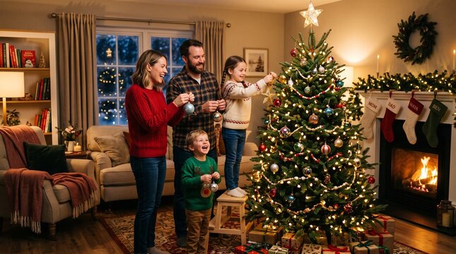 Happy Family Decorating Christmas Tree Together Indoors Cozy Living Room Fireplace Warm Lights
