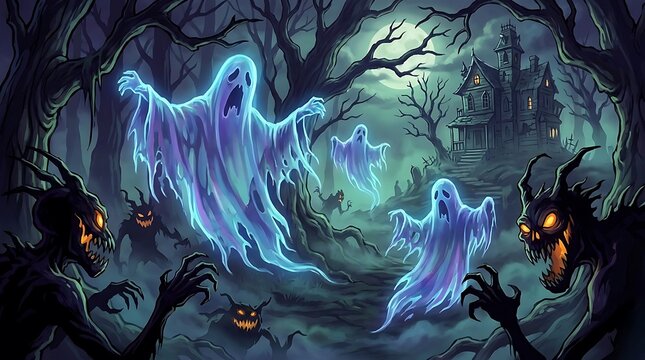 Glowing ethereal ghosts and dark monsters rising in spooky misty forest near haunted house.