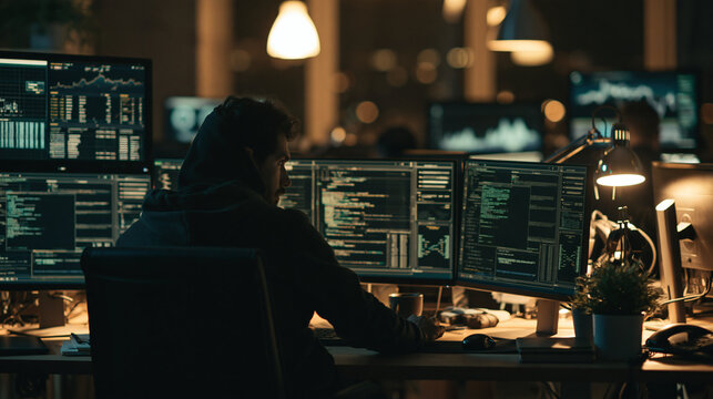Cyber Security Specialist at Work: A lone programmer in a dimly lit office, engrossed in lines of code displayed across multiple monitors, highlights the intense focus of a cybersecurity professional.