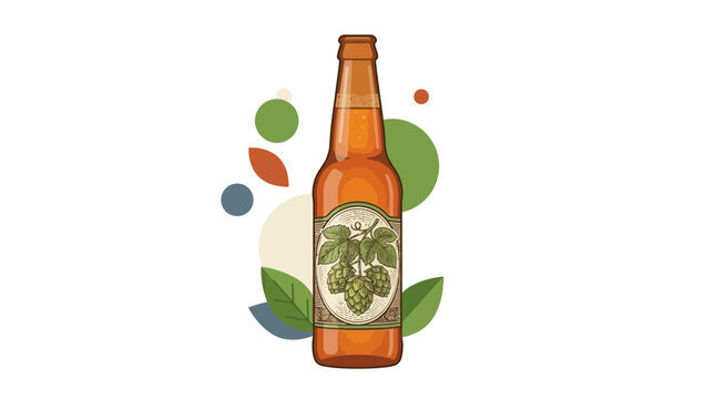 Beer bottle stands upright showcasing a detailed hop cone illustration on the label with floating colorful circles.