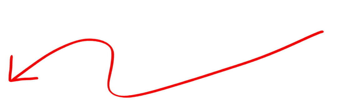 Hand drawn thin red s-curved arrow pointing left isolated