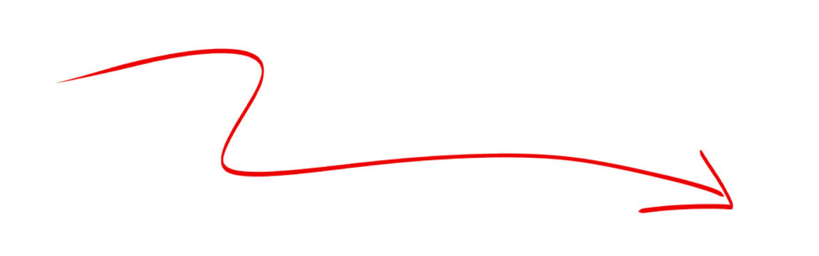 Hand drawn thin red wavy arrow pointing right isolated