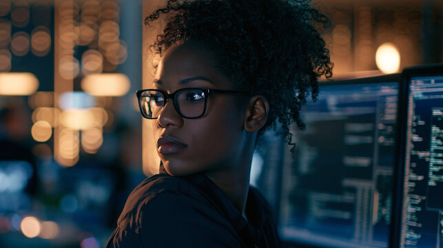 Focused Coder in the Digital Realm: A young woman, wearing glasses, is engrossed in her work in a dimly lit office, surrounded by glowing computer screens displaying lines of code.