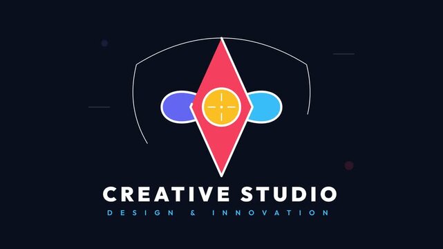 Modern 2D flat vector illustration design of a creative studio logo for innovation and graphic design business on dark background