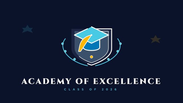 Education Graduation Logo for Academy of Excellence Featuring Mortarboard Cap and Heraldic Shield Flat Vector Illustration