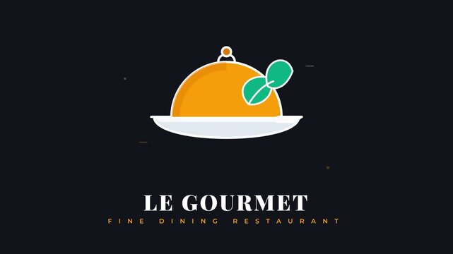 Minimalist flat vector food logo template with cloche and basil leaves on dark background for fine dining restaurant