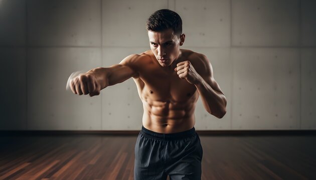 Muscular young boxer shadowboxing inside a modern gym training room for active lifestyle, strength and fitness motivation concept