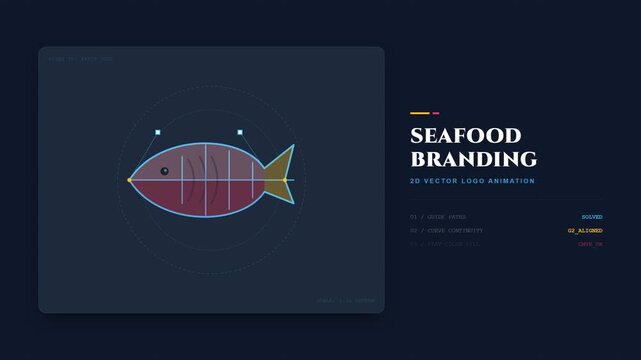 A 2D flat vector illustration design animation showcasing a creative seafood branding concept with a fish graphic