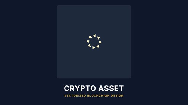 Minimalist 2D vector graphic showing a circular crypto asset blockchain design on dark background