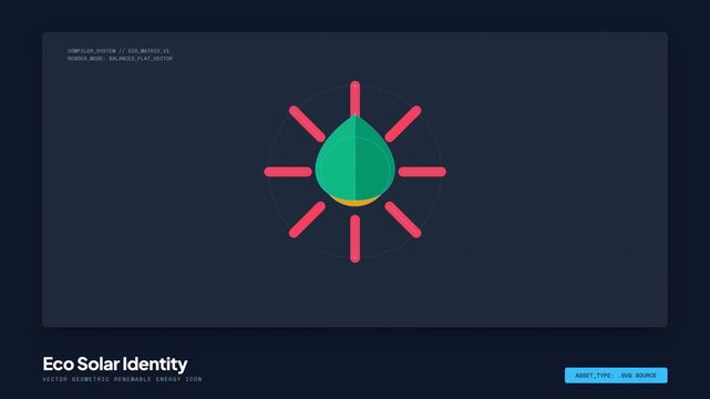 Eco solar identity featuring a green leaf combined with a sun icon in a 2D flat vector design for sustainable energy concepts
