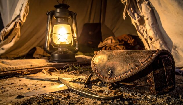 Vintage camping scene with lit kerosene lantern, leather pouch, and knife inside a tent at dusk