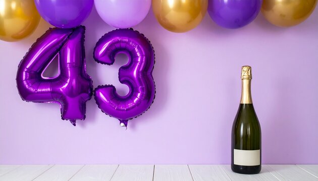 Number 43 Balloon with Champagne Bottle. Purple and Gold Theme for Birthday or Anniversary Celebration