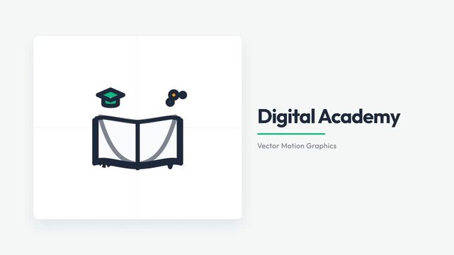 Digital Academy concept with an open book and graduation cap in 2D flat vector animation style for education and e-learning platforms