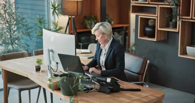 Employee, typing and woman with computer in office, info and financial planner with research on web. Corporate, wealth management and mature person with technology, online and serious for project