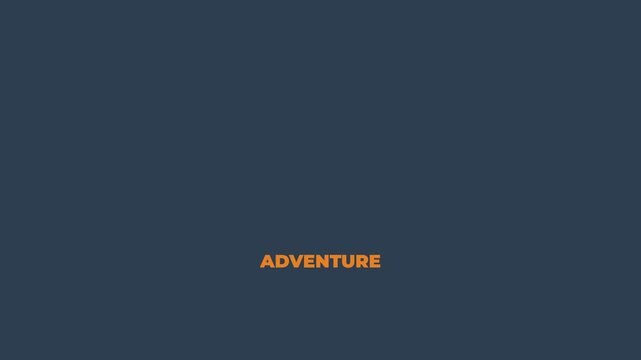 Minimalist flat 2D vector illustration design style text animation of word adventure in orange color on dark blue background