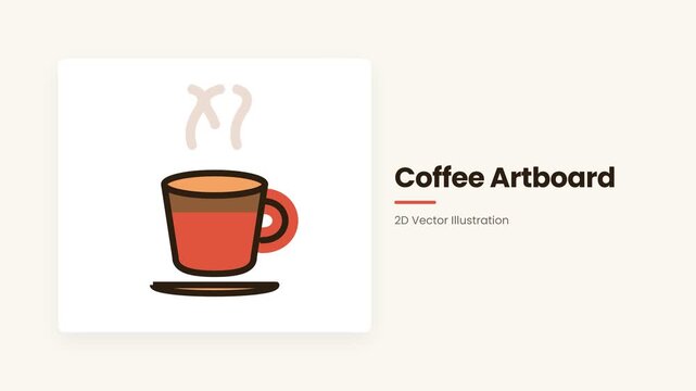 Flat 2D vector illustration of a steaming hot coffee cup on a saucer, minimalist graphic design for beverage cafe branding and morning ritual concepts