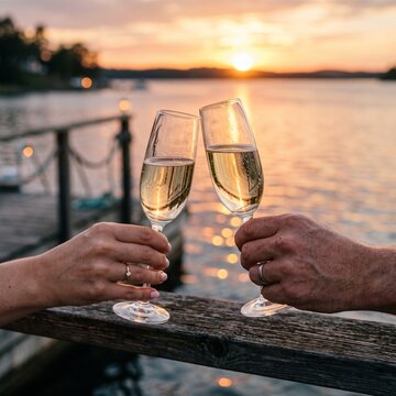 Couple toasts with champagne glasses at sunset on a wooden dock by the water