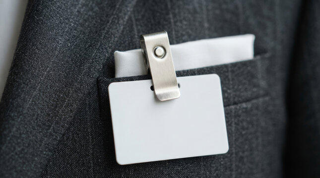 Blank name badge mockup on a grey suit pocket, white ID card template with metal clip, corporate identity and conference pass mockup