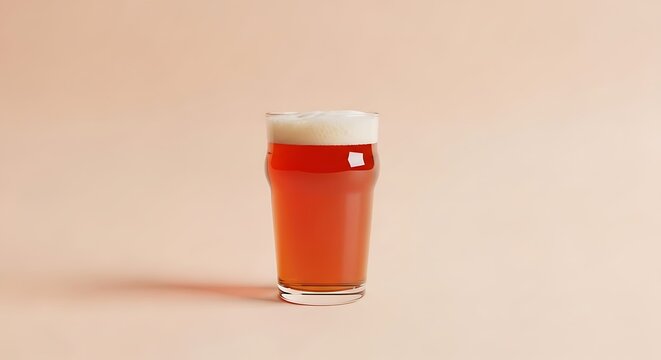 glass of amber beer with foam on pastel peach background