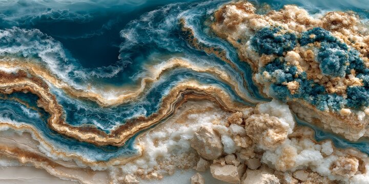 Abstract natural patterns of salt flats and mineral textures in flowing blue, white, and beige formations under soft sunlight.
