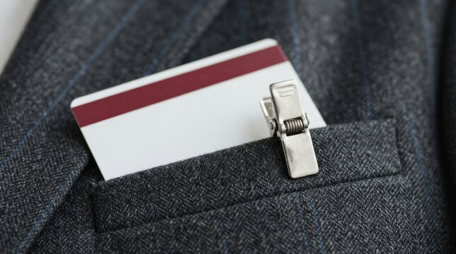Blank security badge with metal clip in suit pocket, white identification card on dark grey wool blazer, corporate access pass mockup