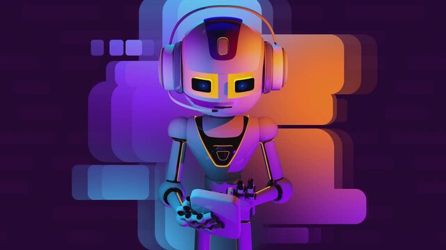 3d animation loop of a futuristic artificial intelligence operator with headset. Cybernetic robot interacting with tablet screen and UI overlay, representing automated support and telemetry systems.