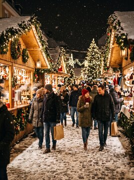 People enjoying a snowy Christmas market at night with festive lights and stalls V&iacute;deo