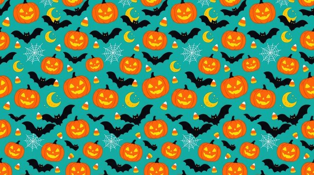 Seamless pattern featuring cute orange jack o lanterns and black flying bats on a vibrant teal background