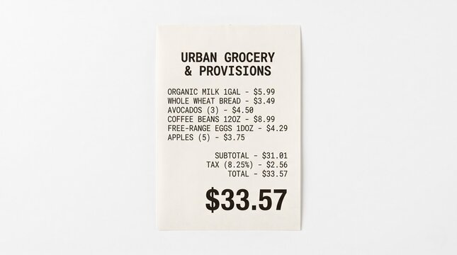 Detailed grocery store receipt showing items purchased with prices and final total for budgeting.