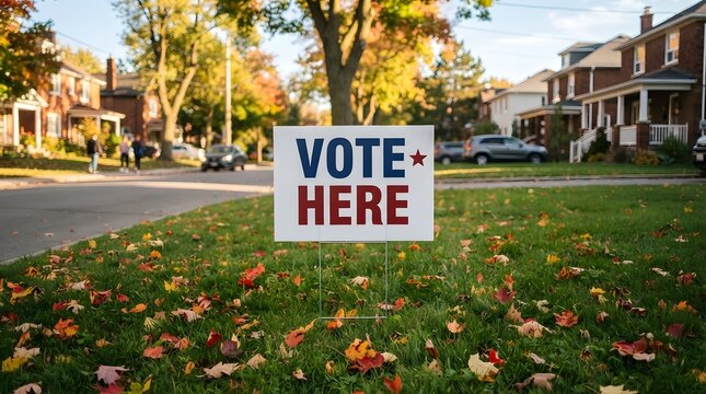 Vote here sign on a residential lawn during autumn