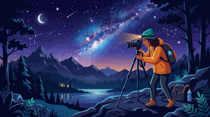 Naklejka premium Woman photographing Milky Way galaxy with camera on tripod in mountains