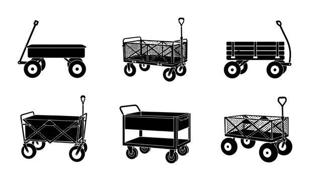 Set of Six Black Silhouette Wagons, Garden Carts, Utility Trolleys, and Beach Haulers