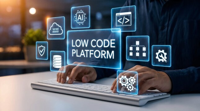 Professional developer utilizing low code platform for fast business application building and design.