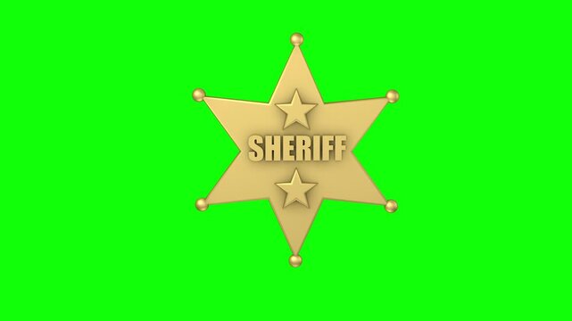Golden sheriff badge gently floats around on a chromakey background, representing western law, authority, justice and Wild West culture. 3D animation