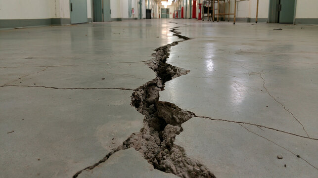 A large crack runs through a concrete hospital hallway floor. Concept illustrating earthquake damage or building.