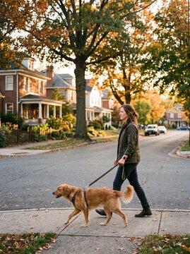 Woman walking golden retriever dog on leash down tree lined street in autumn neighborhood V&iacute;deo