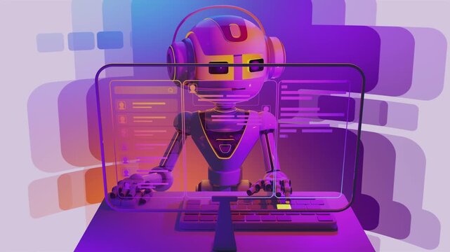 3d animation of artificial intelligence operator with headset working at transparent display workstation. Cybernetic android typing on keyboard, operating automated customer support interface.