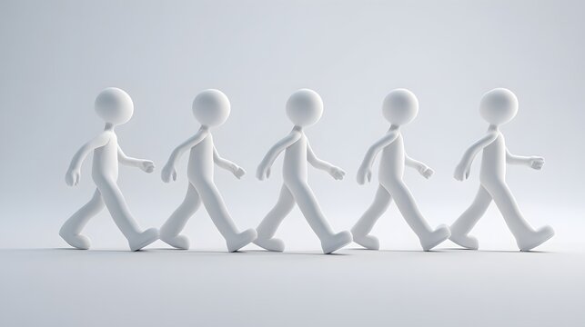 Five white 3D stick figures walking in sequence, illustrating movement progression, teamwork, synchronization, and minimalist character animation concepts.