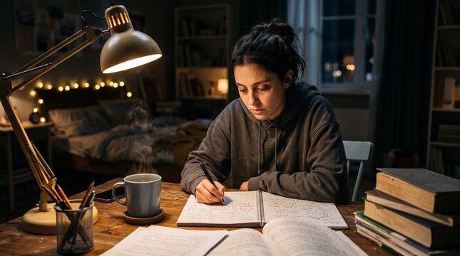 Young woman studying late at night at a desk with a lamp and coffee V&iacute;deo