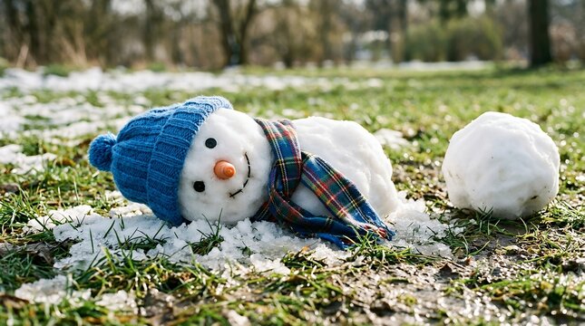 Melting snowman lying on green grass, cute winter snowman with blue knit hat and scarf, spring transition concept with melting snow