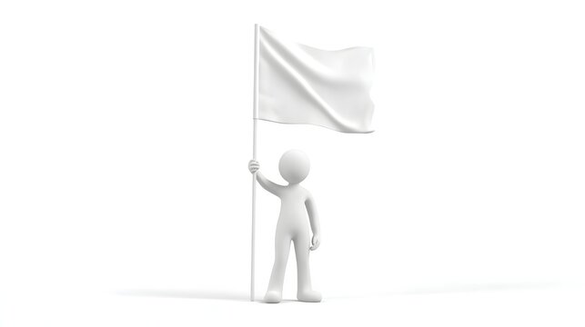 Minimalist white 3D human figure holding a blank waving flag, isolated on a clean white background with soft lighting.