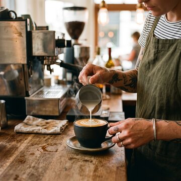 Barista with tattoos pouring steamed milk into a coffee cup creating latte art on a wooden counter V&iacute;deo