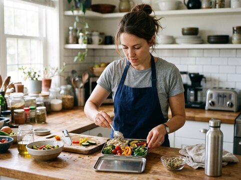 Woman preparing healthy lunch box with fresh vegetables and grains in a bright kitchen V&iacute;deo