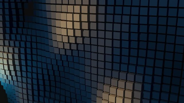 Kinetic wall of moving blocks, dark steel facade with warm light waves, seamless loop