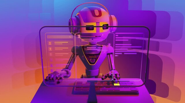 3d animation of artificial intelligence operator with headset working at transparent display workstation. Cybernetic android typing on keyboard, operating automated customer support interface.