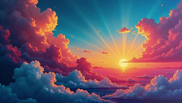 Breathtaking Sunset Over Colorful Clouds with Rays of Light