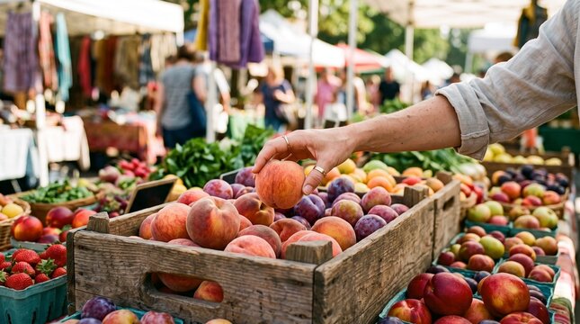 Hand selecting a ripe peach from a wooden crate at an outdoor farmers market stall V&iacute;deo