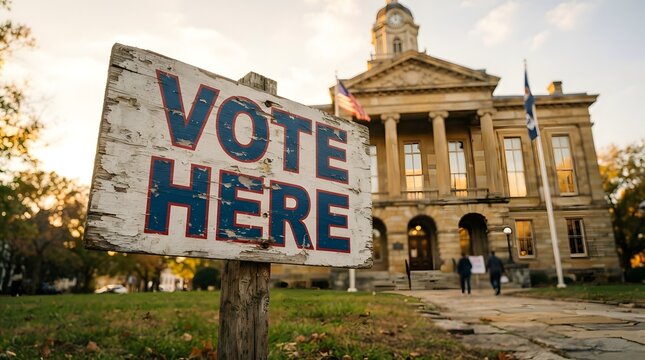 Vote here sign in front of a historic government building
